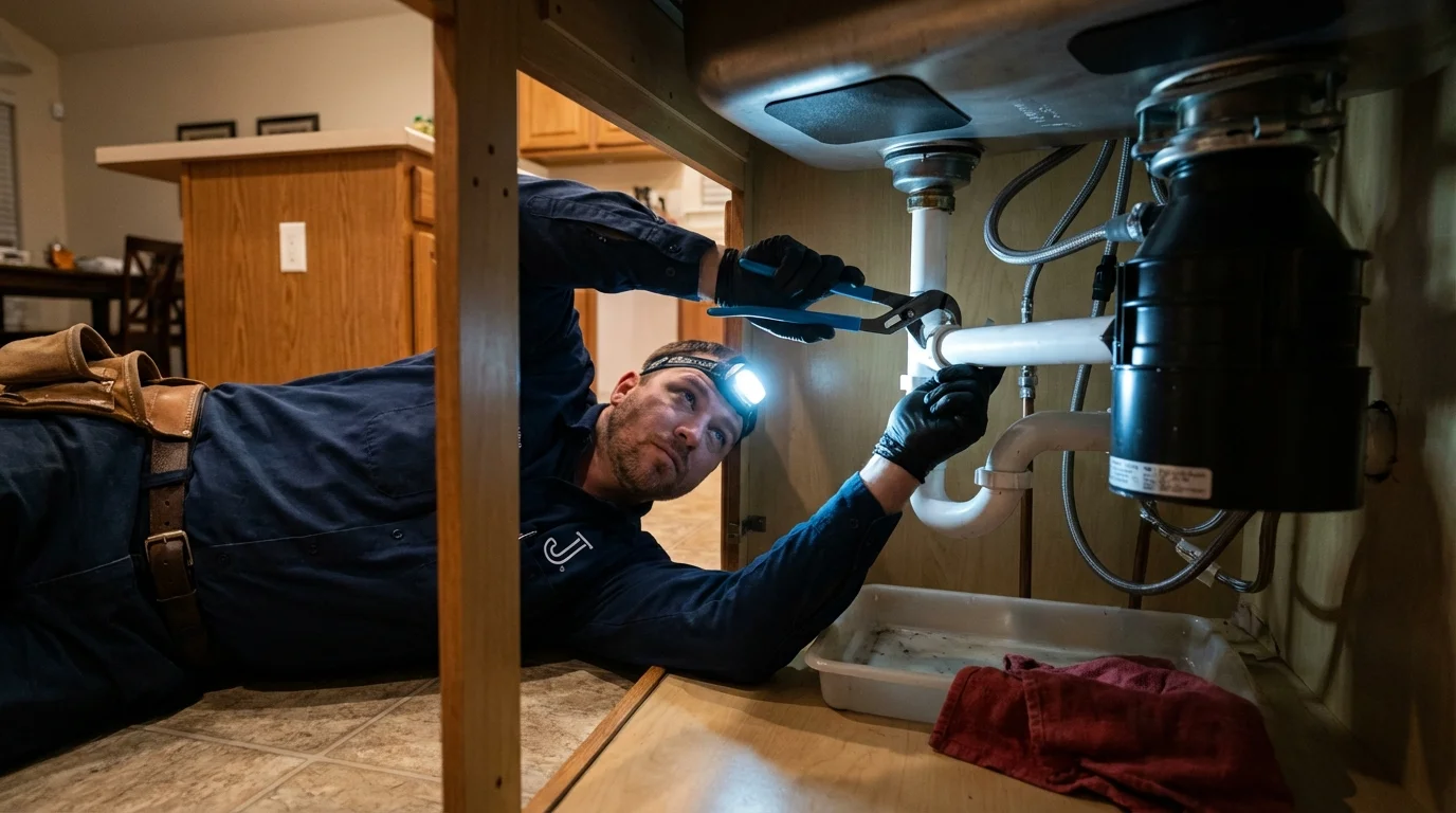 P-trap and supply line connections under a kitchen sink showing a common leak point in Saratoga Springs, NY